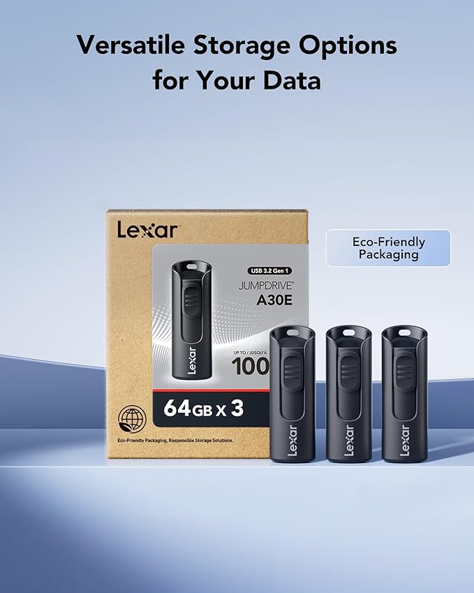 Lexar 64GB 3-Pack Flash Drive A30E USB 3.2 Gen 1, USB Drive up to 100MB/s, Storage Expansion and Backup for PC and Mac Systems