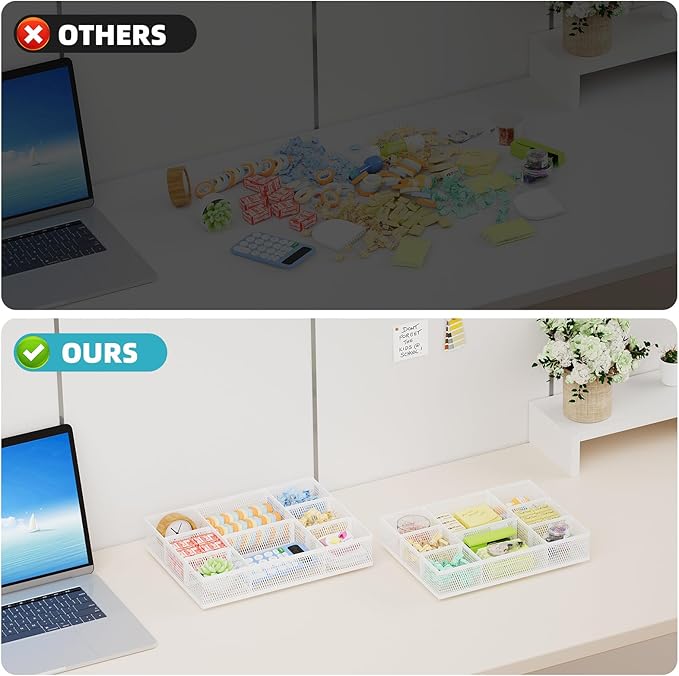 Marbrasse 2 Pack Desk Drawer Organizer, Mesh Drawer Organizer Tray with 8 Adjustable Compartments, Desk Organizers and Accessories, 5 Dividers for Office Supplies, Makeup & Vanity (White)