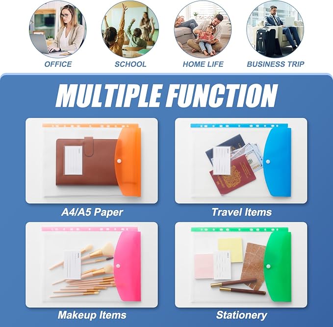 Binder Pocket Organizer Folders, 12 Pack Expandable Files Bag Plastic Envelopes Binder Folders with 11 Holes for 2/3/4 Ring Binder, Document Pouch with Snap Button and Label for School Office Home