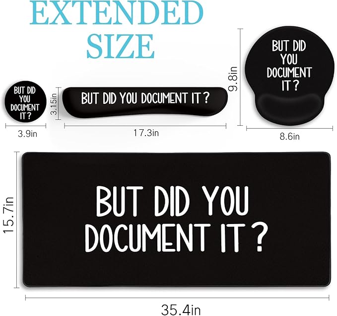 Black Mouse Pad Large Desk Mat Set, Funny Mouse Pad with Wrist Rest Keyboard Wrist Support XXL Mousepad Cup Coaster Set, Cute Office Desk Accessories Decor Supplies But Did You Document It