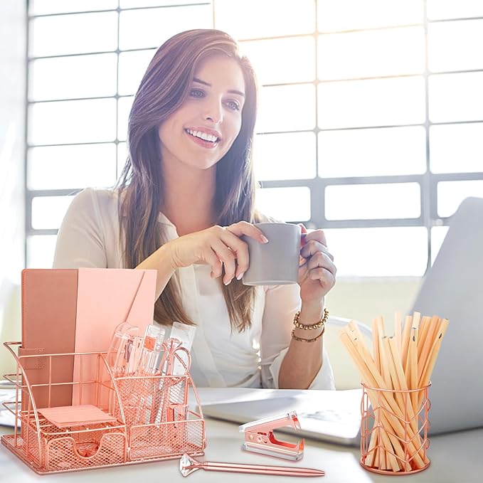 Rose Gold Office Supplies and Accessories, Rose Gold Mesh Desk Organizers with Tape Holder, Tape, Stapler, Staple Remover, 1000pcs Staples, Pen, Pen Holder, Ruler, Phone Holder, Clips, Scissor