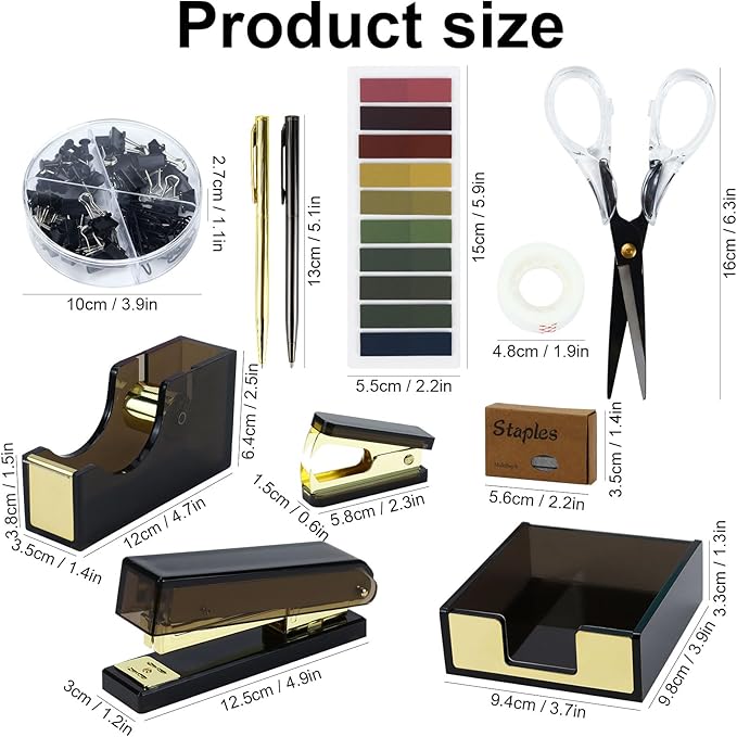 Black Acrylic Desk Accessories Organizer Set of Stapler, Staple Remover, Tape Dispenser, Memo Pad Holder, Scissor, Ballpoint Pen, Binder Clips, Sticky Notes Office Supplies (Acrylic Black)
