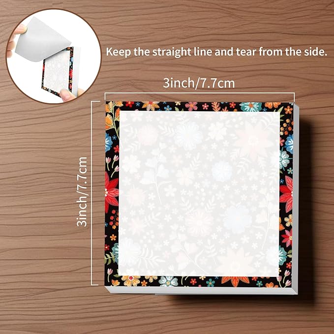 Sticky Notes, 2 Pads, 3x3 inches, Cute Colorful Fun Self-Stick Note Pads, Easy Post, Strong Adhesive Notepad Red Floral Embroidery