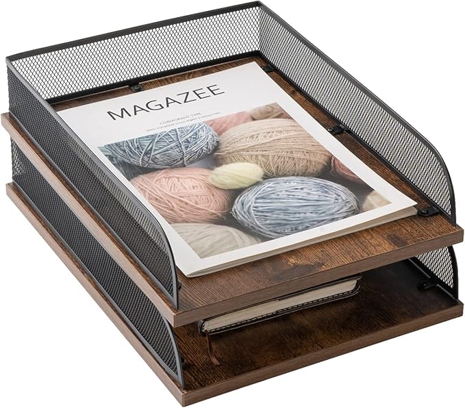 Set of 2 Vintage Wood & Metal Letter Tray,Desk Organizers Paper Tray,Office File Organizer(Black)