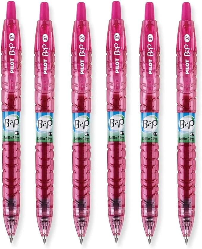 Pilot B2P - Bottle to Pen Refillable & Retractable Rolling Ball Gel Pen Made From Recycled Bottles, 0.7mm Fine Point, Pink Ink, 6-Pack
