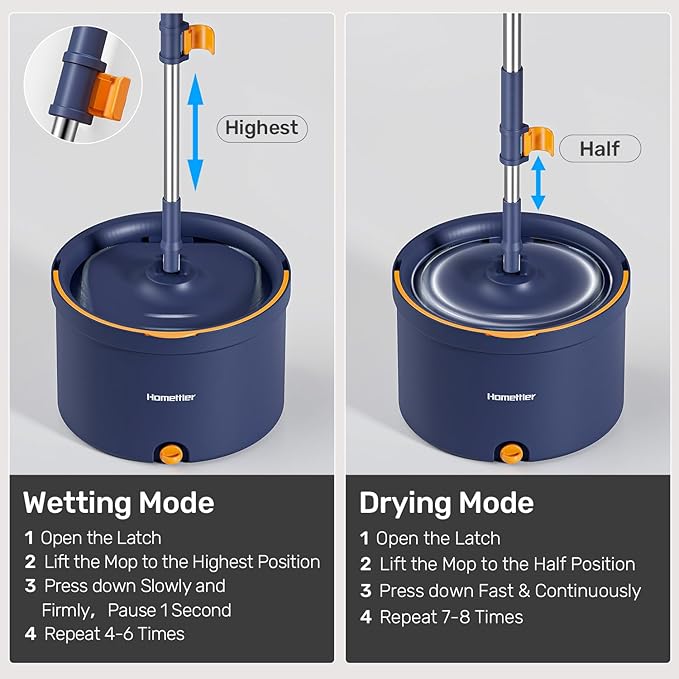 HoMettler Spin Mop and Bucket Set, Mop Bucket with Separate Dirty Water System, Deep-Cleaning Mops for Floors/Wall, Versatile Mops with 6 Microfiber Mop Pads