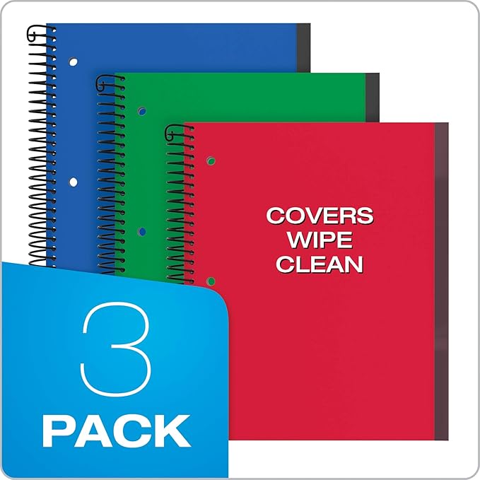 Oxford Spiral Notebook 3 Pack, 3 Subject, Wide Rule, Durable Plastic Covers, Strong Coil, 3 Durable Pockets, 8.5 x 11, 150 Sheets, Red, Green, Blue (89804)