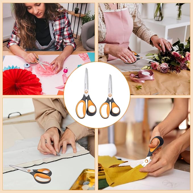 7"8"Scissors All Purpose 2 Pack Comfort Grip Craft Scissors for Office, Home, School, Sewing & Art Supplies (Orange &Gray)