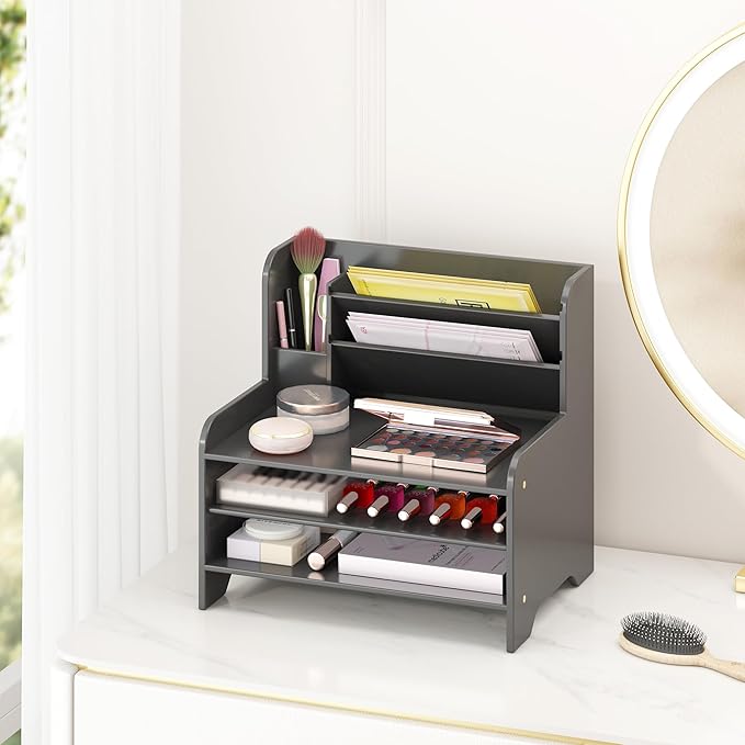 Bamboo Desk Organizer Mail Holder Countertop Letter Tray File Desktop Mail Holder Countertop Organizer for Desktop Letter Sorter Paper File Storage for School Home Office Supplies