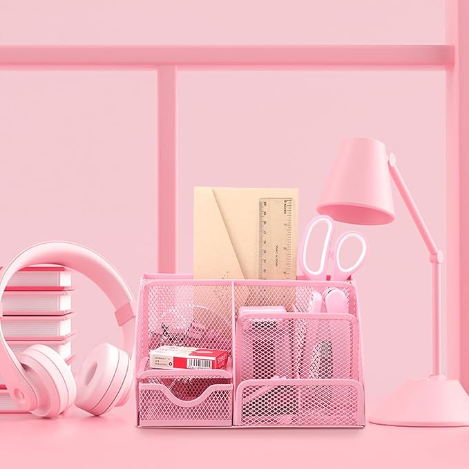 Pink Desk Organizers and Accessories, Pink Office Supplies Include Mesh Desk Organizer, Tape Dispenser, Stapler, 1000 Staples, Staple Remover, Pen Holder, Clips Set, Ruler, Scissors