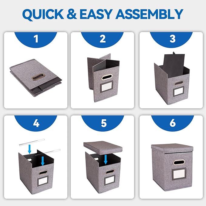 2 Pack Hanging File Folders Organizer with Lid, Letter Size Fabric File Storage Box Collapsible, Portable Office Document Holder with Metal Handle, Smooth PVC Rails, Gray