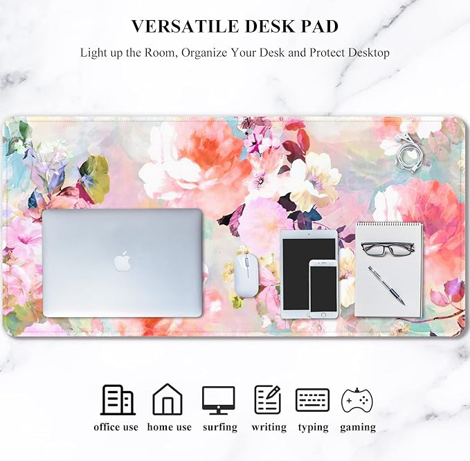 Auhoahsil Desk Pad, XXL Large Mouse Extended Gaming Mousepad, Cute Mat for Women, Big Office Accessories Pad Computer Keyboard and Laptop, 35.5 x 15.7 Inch, Pretty Pink Flowers, Girly Flowers