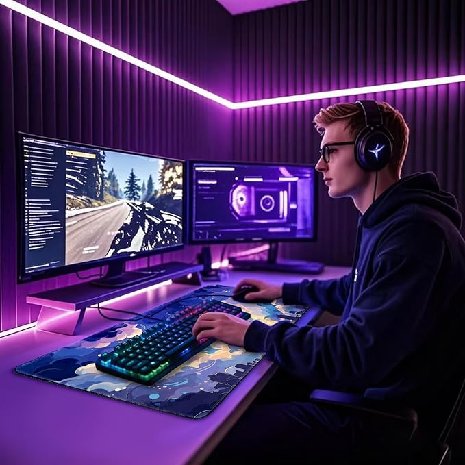 Blue Nebula Aesthetic Large Gaming Mouse Pad 31.5"x15.7"|XXL Desk Mat, Non-Slip Rubber Base & Stitched Edges - Extended Waterproof Mousepad for PC/Laptop/Office/Home Decor