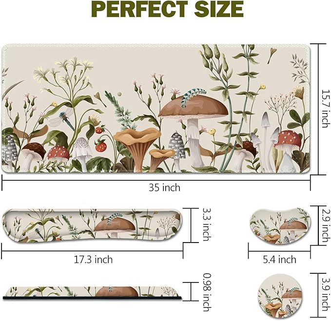 AIMSA Large Gaming Mouse Pad Set, Keyboard Wrist Rest Support+ Extended Mousepad+ Mouse Wrist Cushion+Coaster, Ergonomic Multifunctional Desk Mat 35x15.7in, Mushroom Plant Garden