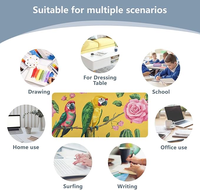 Mouse Pad Desk Mat Leather Desk Pad Large Gaming Desk Cover Protector Mat for Keyboard Computer Laptop Office Waterproof 35.4 x 16.5 Inch Yellow Cactus Parrots and Roses