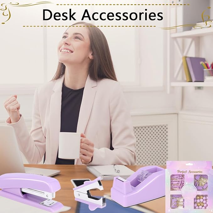 Office Supplies Set,Desk Accessories,Stapler and Tape Dispenser Set,1000 Staples,Staple Remover,Hinder Clips,Ruler,Scissor,Clear Tape,Ballpoint Pen,Sticky Notes,Gifts for Colleagues(Purple)