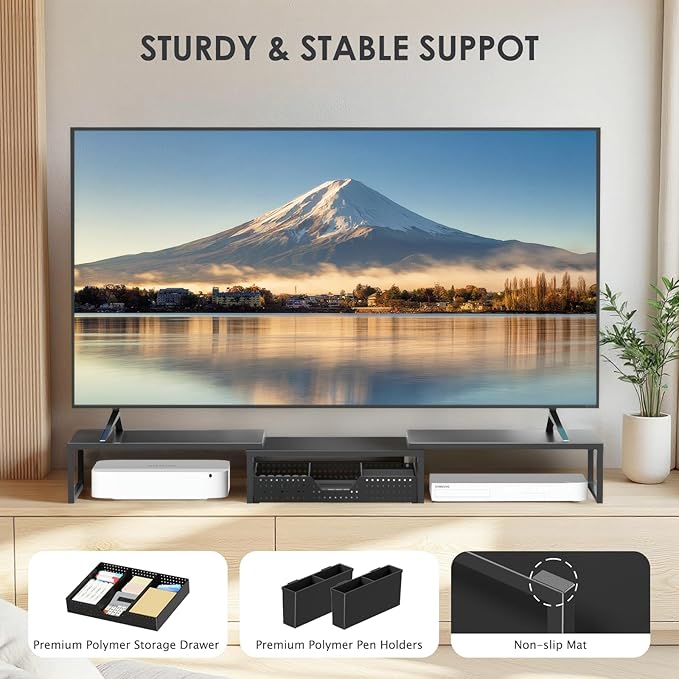 Desk Organizers and Accessories, Dual Monitor Stand Riser with Drawer and 2 Pen Holders, Desk Shelf Metal Computer Monitor Stand for Office Workspace Organizers, Desktop Organization (Black)