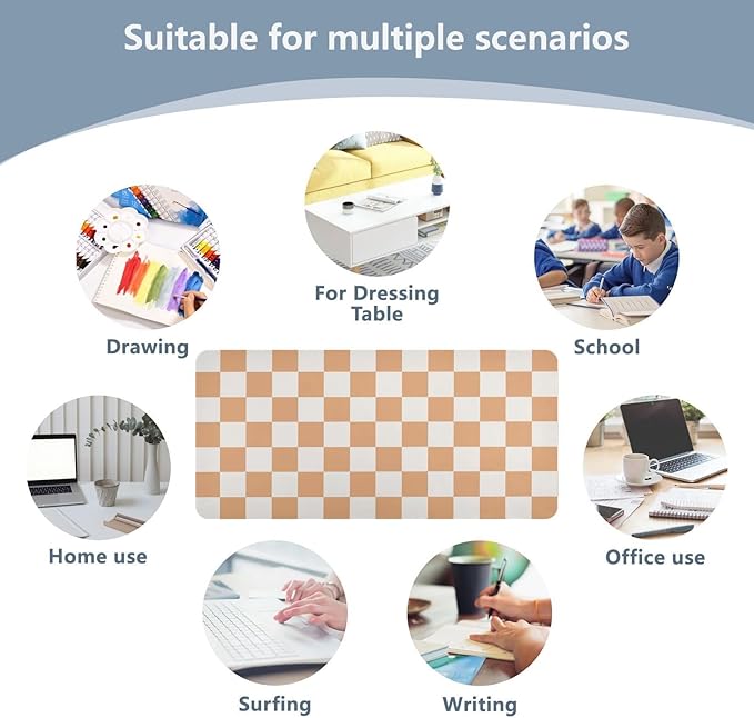 Mouse Pad Desk Mat Leather Desk Pad Large Gaming Desk Cover Protector Mat for Keyboard Computer Laptop Office Waterproof 35.4 x 16.5 Inch Checkered Orange and White