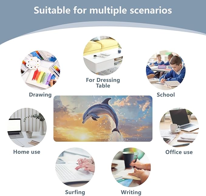 Mouse Pad Desk Mat Leather Desk Pad Large Gaming Desk Cover Protector Mat for Keyboard Computer Laptop Office Waterproof 47.2 x 23.6 Inch Dolphin Jumping Sunset Blue