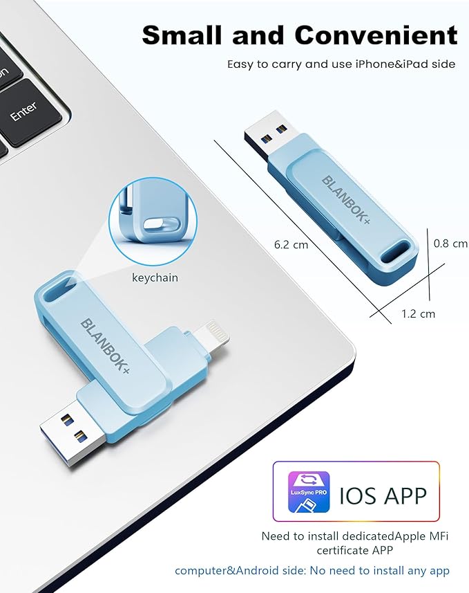 MFi Certified 512GB Flash Drive for iPhone Photo Stick, USB Memory Stick iPhone Flash Drive for Photos Videos, High Speed External Storage USB Stick Thumb Drive for iPhone/iPad/Android/PC(Sky Blue)