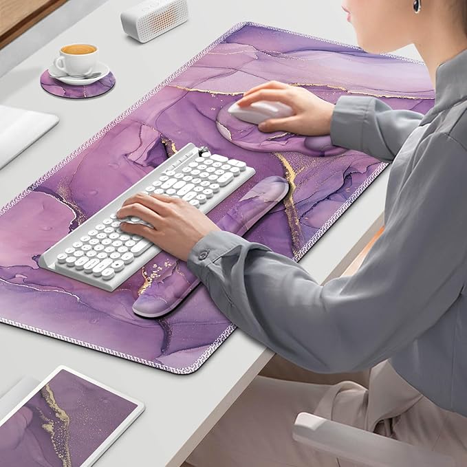 ToLuLu Desk Mat, XXL Large Mouse Pad Wrist Support Set,4 in1 Gaming Mousepad Desk Pad+ Ergonomic Mouse Pad with Wrist Rest + Keyboard Wrist Rest+Coaster for Women Home Office Computer, Purple Marble