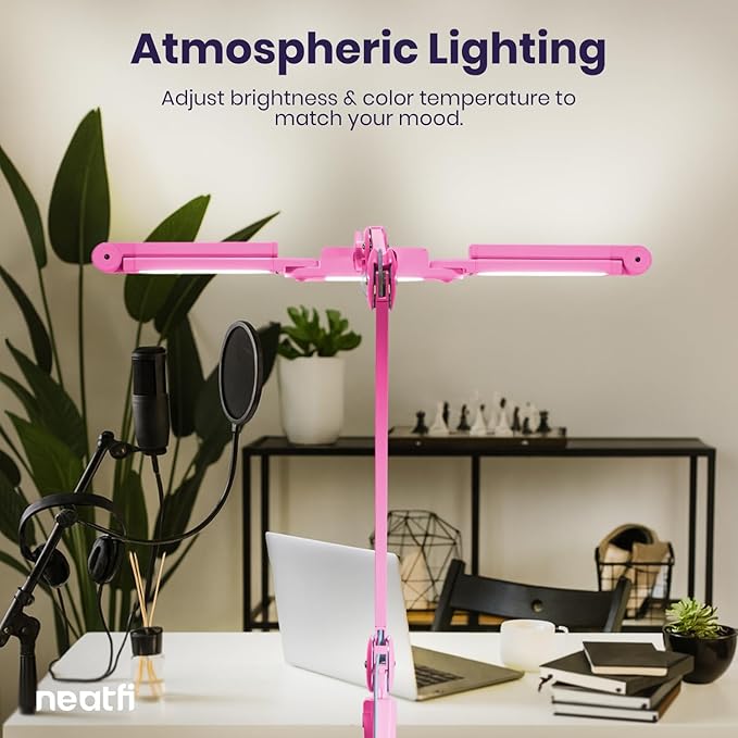 Neatfi (New Model) 3,000 Lumens LED Desk Lamp, Dimmable, 360 SMD LEDs, 30W, CRI 95, Adjustable Light Modes, Task Lamps for Home Office, Study Lamp, Desk Light Bar (CCT with Clamp, Pink, 44 Inches)