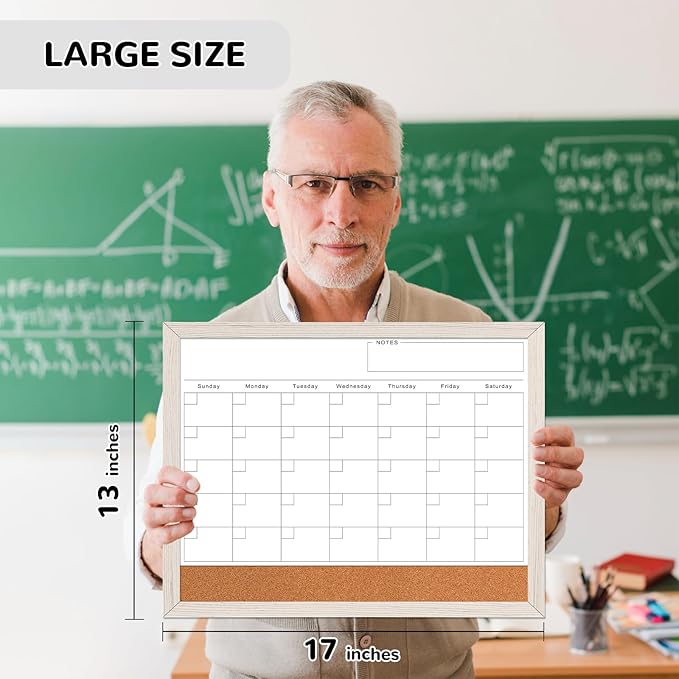 Monthly Whiteboard Calendar & Corkboard for Wall, Magnetic 17"x13" Dry Erase Board with White Wood Framed, 2in1 White Board Cork Board Combo, Calendar Bulletin Board for Kitchen Planner Memo Office