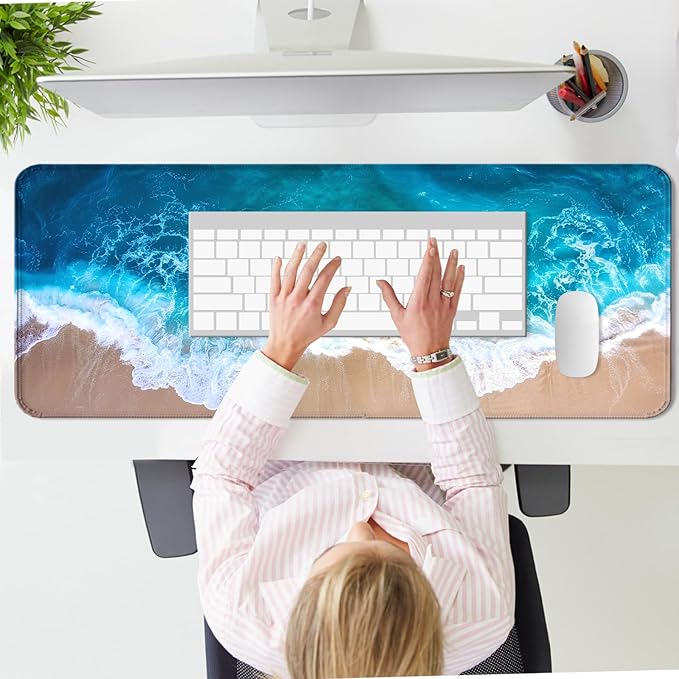 Ocean Beach Gaming Mouse Pad, Extended Large Sea Wave Desk Mat, Computer Keyboard Laptop Mousepad for Work, Office and Home, XL, Blue