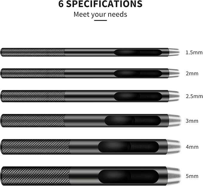 6PCS Leather Hole Punch Set (1.5mm-5mm) | Industrial Grade Stainless Steel Belt Hole Puncher for Leather Craft, Watch Bands, Gasket Belts | Hand-Polished Sharp Blades & Durable Design