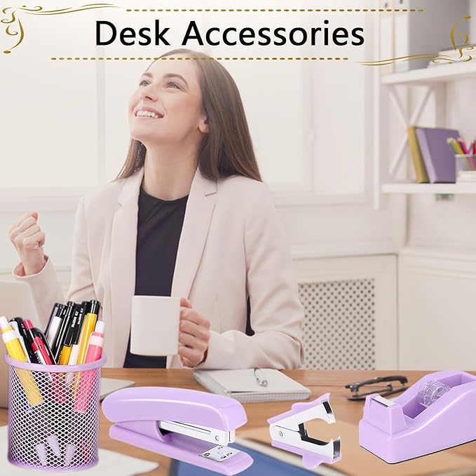 Office Supplies Set,Desk Accessories,Stapler And Tape Dispenser Set,Pen Holder,1000 Staples,Staple Remover,Hinder Clips,Ruler,Scissor,Index Tabs,Clear Tape,Ballpoint Pen,Sticky Notes,Coworkers(Purple)