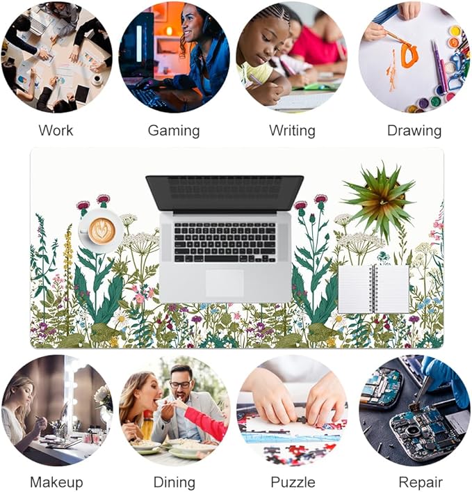 QIYI Large Mouse Pad, Floral Desk Mat for Desktop, Wildflowers Herbs PU Leather Waterproof Gaming Mousepad, Computer Laptop Desk Accessories Protector Writing Pads for School Office Home 31.5" x 15.7"