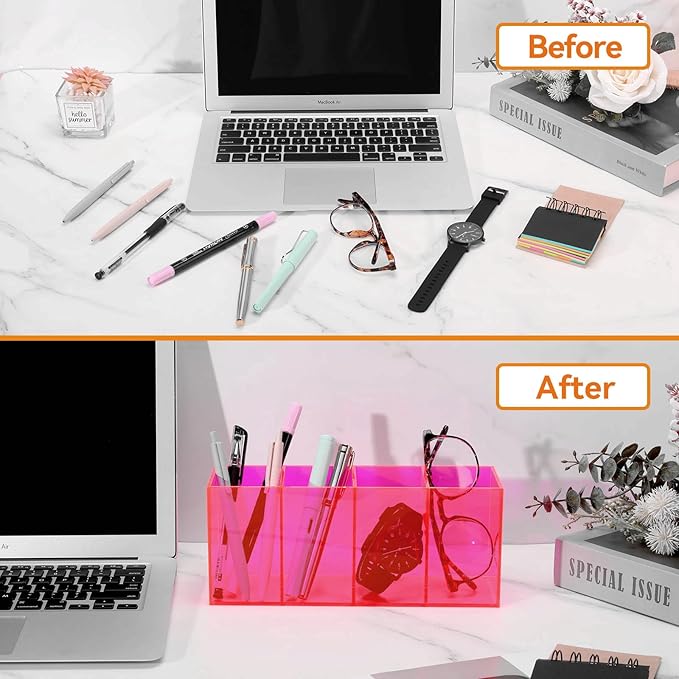 Pen Holder for Desk Neon Acrylic Pencil Holder Cup Makeup Brush Storage Organizer for Vanity, Neon Pink