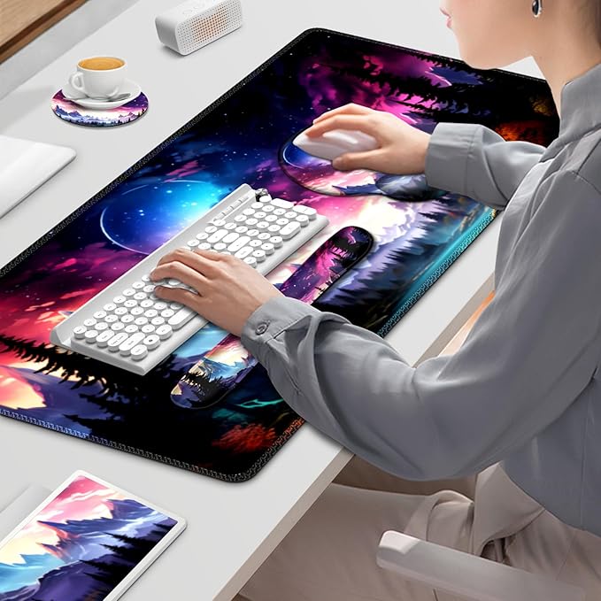 Gaming Mouse Pad, Large Desk Mat, Cute Desk Pad Protector, 4in1 XXL Mousepad + Keyboard Wrist Rest+Mouse Wrist Rest+Coaster Set with Ergonomic Desk Pad for Home Office Table Computer, Purple Hill