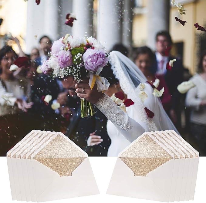 PONATIA 50 Pieces/Lot A7 Envelopes, 5.25 x 7.5'' Gold Glitter Shinny Envelopes, Perfect for 5x7'' Weddings, Invitation Cards,Graduation Invite