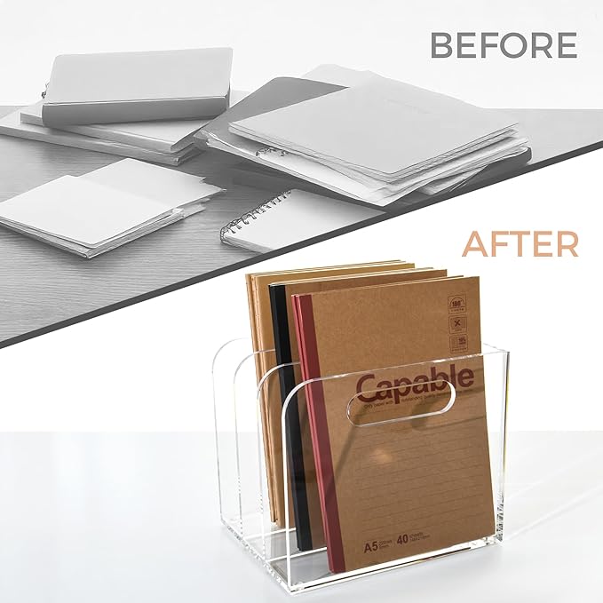 3 Vertical Compartments Clear Acrylic Desk Document Organizer & Storage Bins for Magazines, Binders, Notebooks, and Envelopes - Multipurpose Home Office Organizer - Innovative handle design