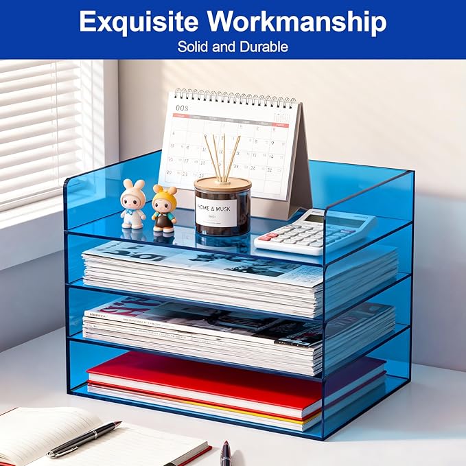 Gelite Acrylic File Organizer for Desk 4 Tiered Stackable Letter Tray Office Paper Storage Desktop Document Sorter, Blue