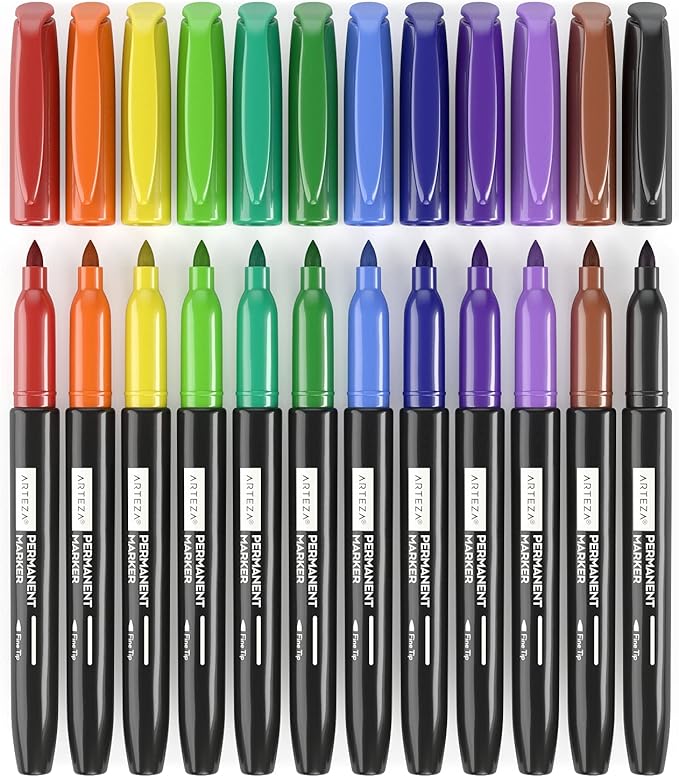 ARTEZA Colored Permanent Markers, Set of 24, Fine & Brush Tip Pens