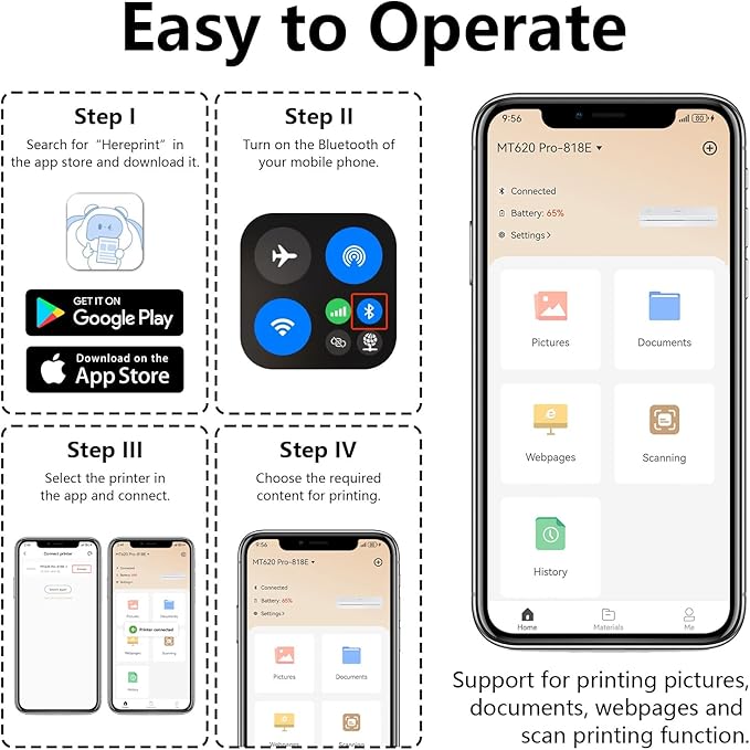 Portable Printer Wireless for Travel, Small Bluetooth Thermal Inkless Printer Support 8.5×11" US Letter Thermal Paper, Mobile Printing for Office, Car, Home, Compatible with iOS, Andorid & Laptop