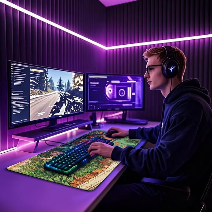 Japanese Coffee Shop Large Gaming Mouse Pad 31.5"x15.7"| Green Plant XXL Desk Mat, Non-Slip Rubber Base & Stitched Edges - Extended Waterproof Mousepad for PC/Laptop/Office/Home Decor