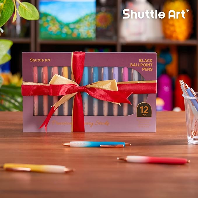 Shuttle Art Fancy Pens Gift Set, 12 Pack Colored Retractable Black Ink Ballpoint Pens, Cute Pens 1.0mm Medium Point Waterproof Elegant Gift Set for Writing Journaling Note Taking School Office Home