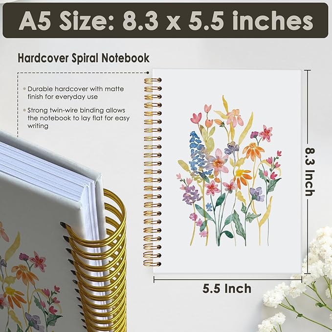 Wheatwin Floral Notebook Journal, Wildflower Cute Hardcover Spiral Notebook for Work Note Taking Women Writing School Teen Girls 5.5x8.3
