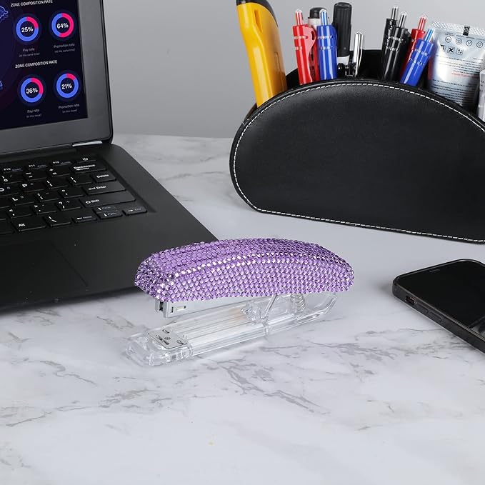 Pasted Diamond Crystal Handmade Bling Dazzling Stapler for Office, School, or Home (Purple)