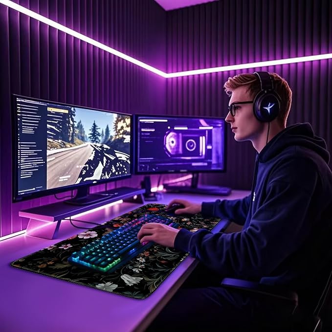 Dark Floral Pattern Large Gaming Mouse Pad 31.5"x15.7"|XXL Desk Mat, Non-Slip Rubber Base & Stitched Edges - Extended Waterproof Mousepad for PC/Laptop/Office/Home Decor