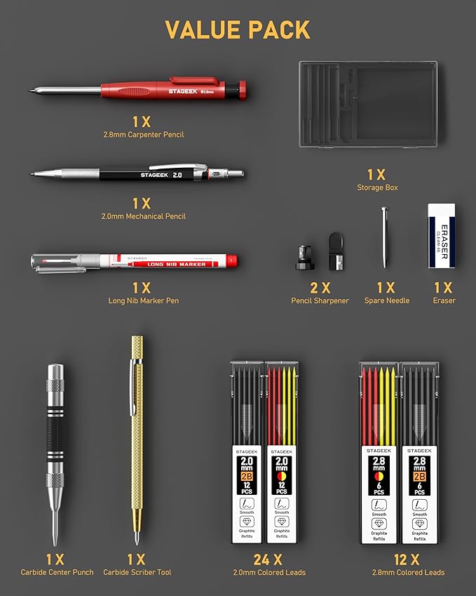 14 Pack Carpenter Pencil Set with Sharpener, Mechanical Carpenter Pencils with 60 Refills, Deep Hole Long-Nib Marker Pens, Carbide Scribe Tool & Construction Pencils for Architect with Case
