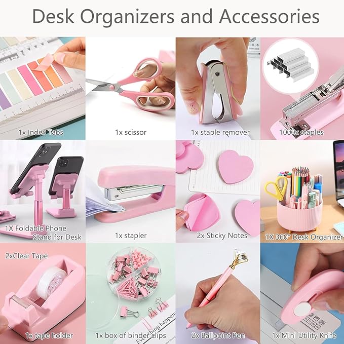 Office Supplies,Desk Accessories,with Stapler,Tape Dispenser,Staple Remover,Scissor,Ballpoint Pen,Sticky Notes,Clear Tape,Staples,Desk Organizer,Phone Stand,Binder,Index Tabs,Best gift set(White)