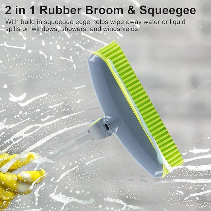 180°Rotating Rubber Broom with Squeegee for Pet Hair Removal - 50" Iron Handle Fur Remover Rake Brush for Carpet, Hardwood & Tile Floors, Includes Pet Hair Removal Gloves (Green)