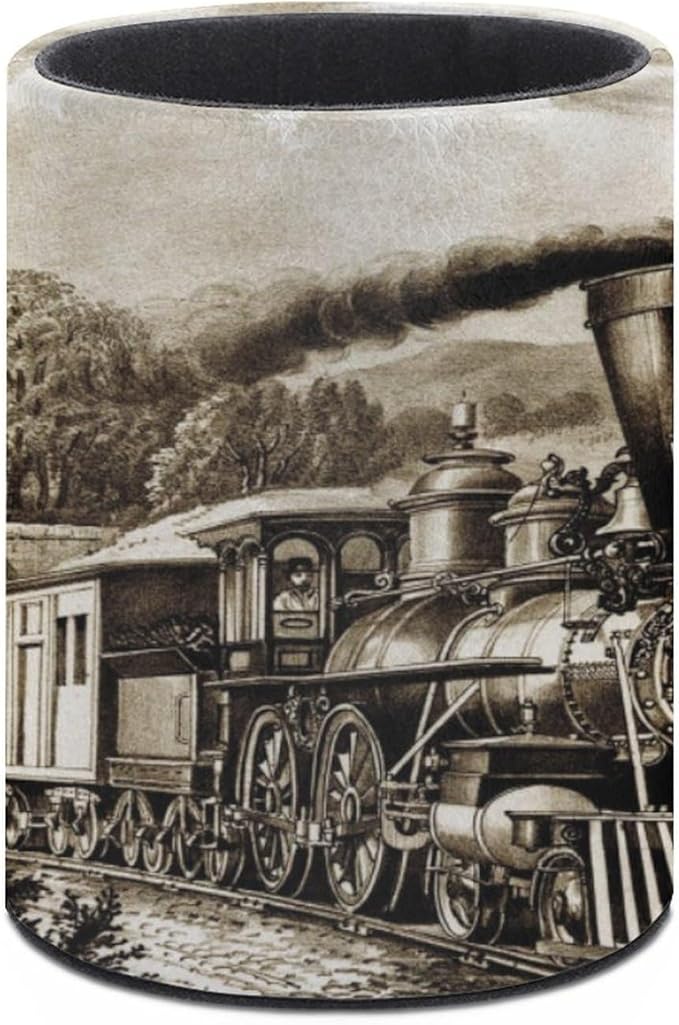 Vintage Steam Train Pen Holder Pencil Organizer Cute Pencil Cup Desk Decor Makeup Brush Holder PU Multifunctional Office Suppliesfor Home Classroom School