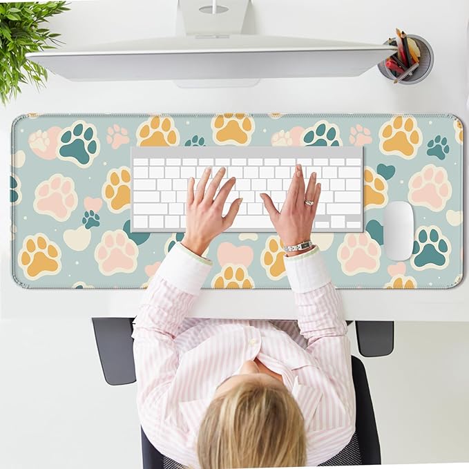 Cute Cat Paw Pattern Desk Mat, Large Gaming Mouse Pad, Computer Keyboard Laptop Girl Mousepad for Work, Game, Office and Home, XL