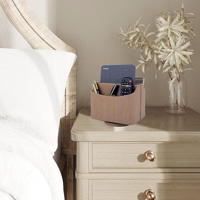 Leather Remote Control Holder/Caddy 360 Degree Rotating, Desk Organizer for TV Remote Controllers,Pen,Calculator,cell phone,gadget storage box,Nightstand Decoration(Light wood grain)