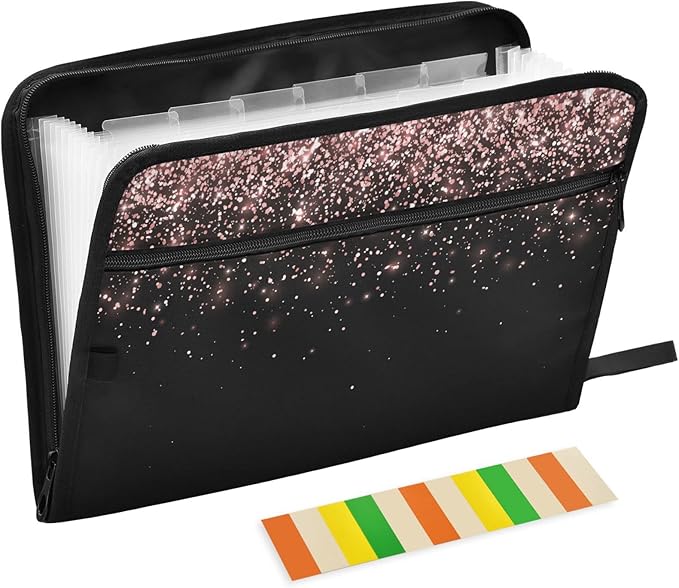 Gredecor Rose Gold Black Glitter Expanding File Folder 13 Pockets Shimmer Expandable Filing Folders Accordion Document Files Organizer for A4 Letter Size Paper